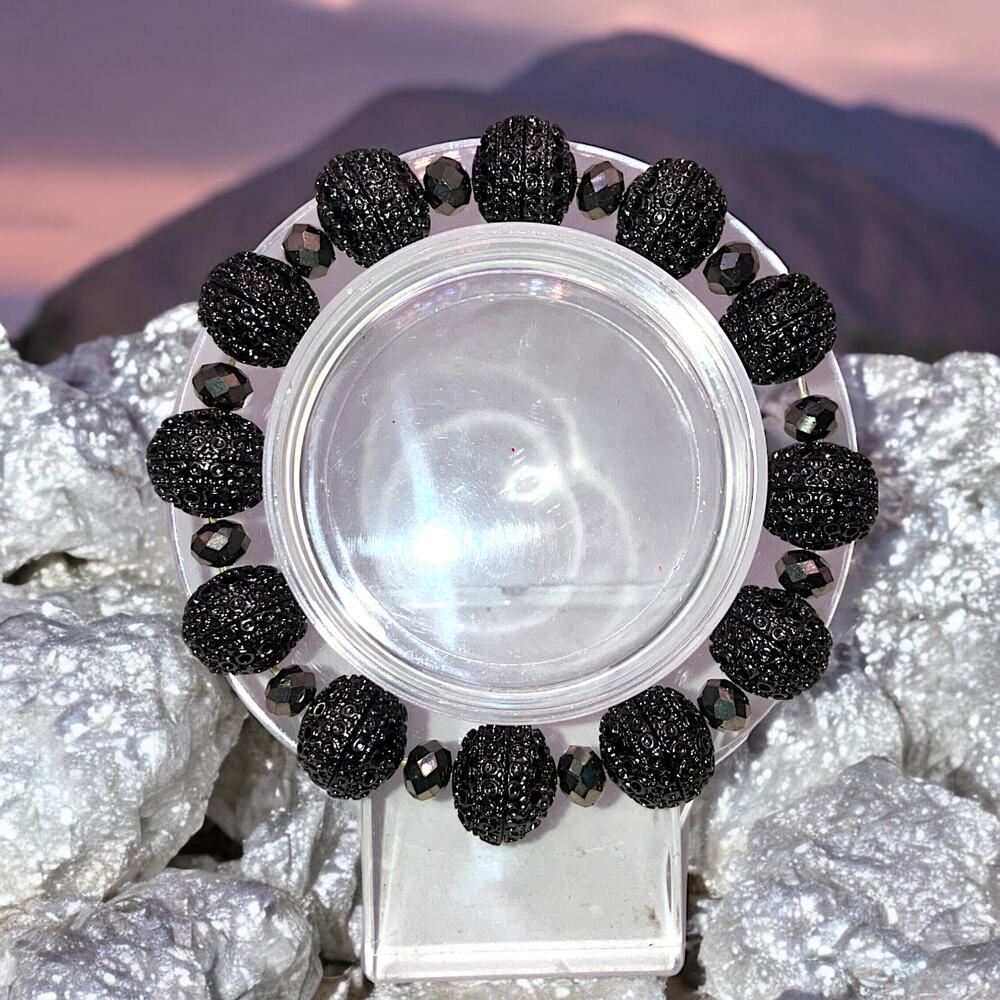 Silver Textured Design Beads with Gray Crystal Spacers Stretch 7" Bracelet!